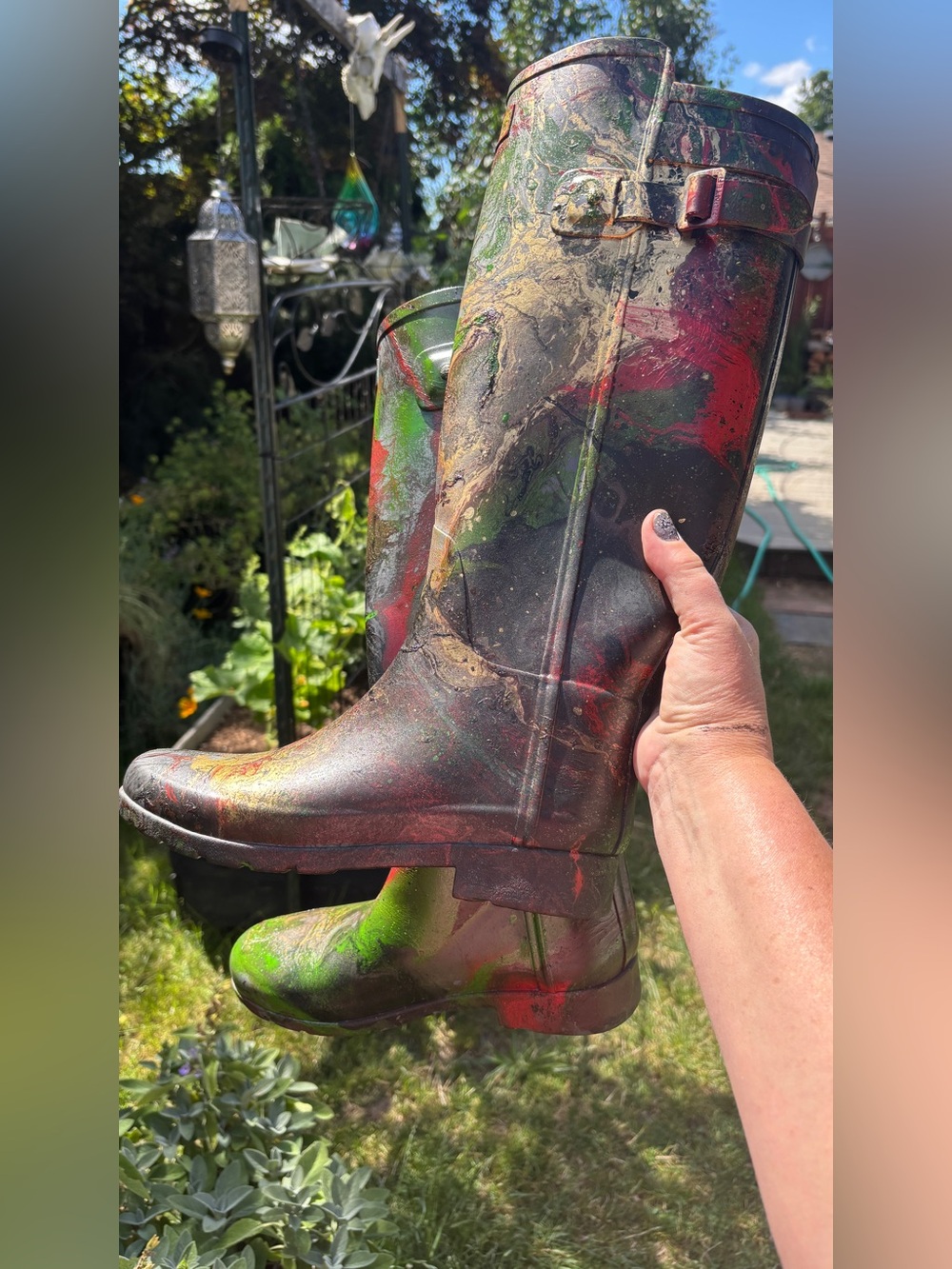 One of kind Hand-Painted Rubber Rain Boots - Multi Color Hydro dipped size 7